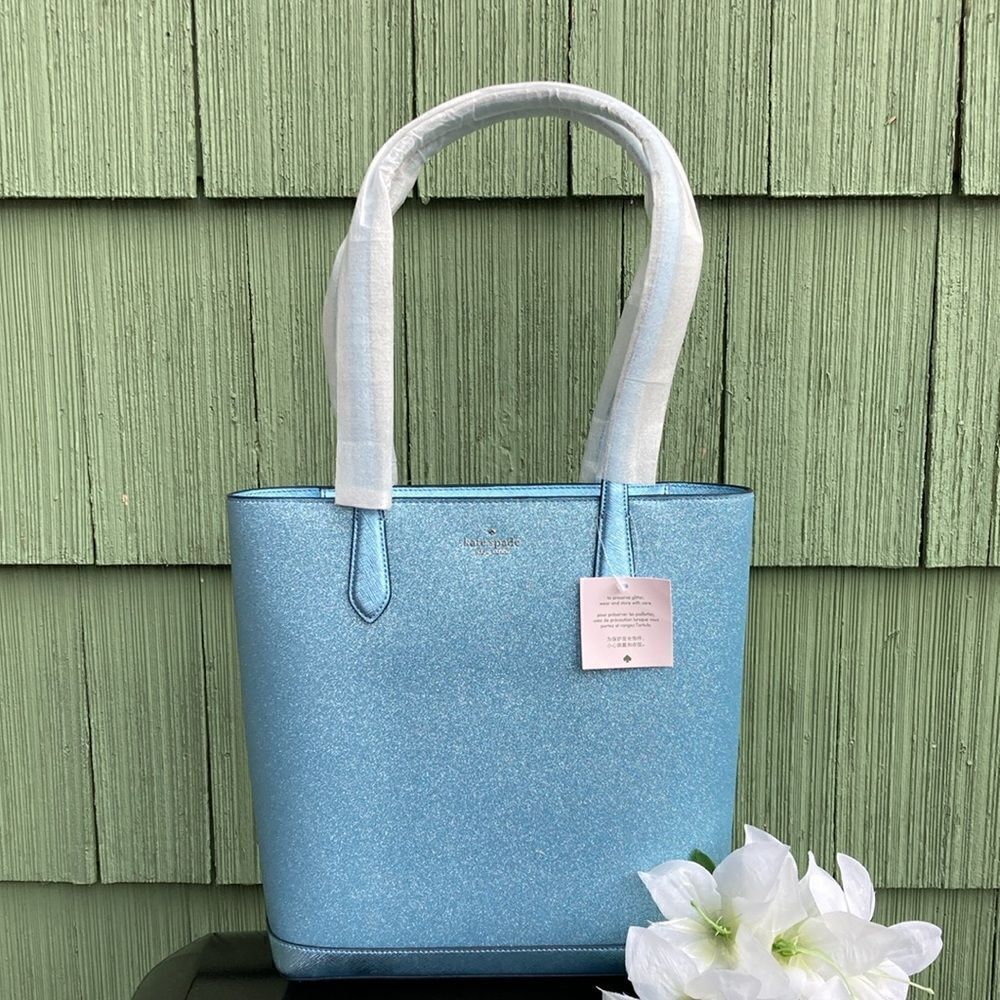 Kate Spade Tinsel Glitter Tote Frosty Sky Shoulder Bag Purse Winter